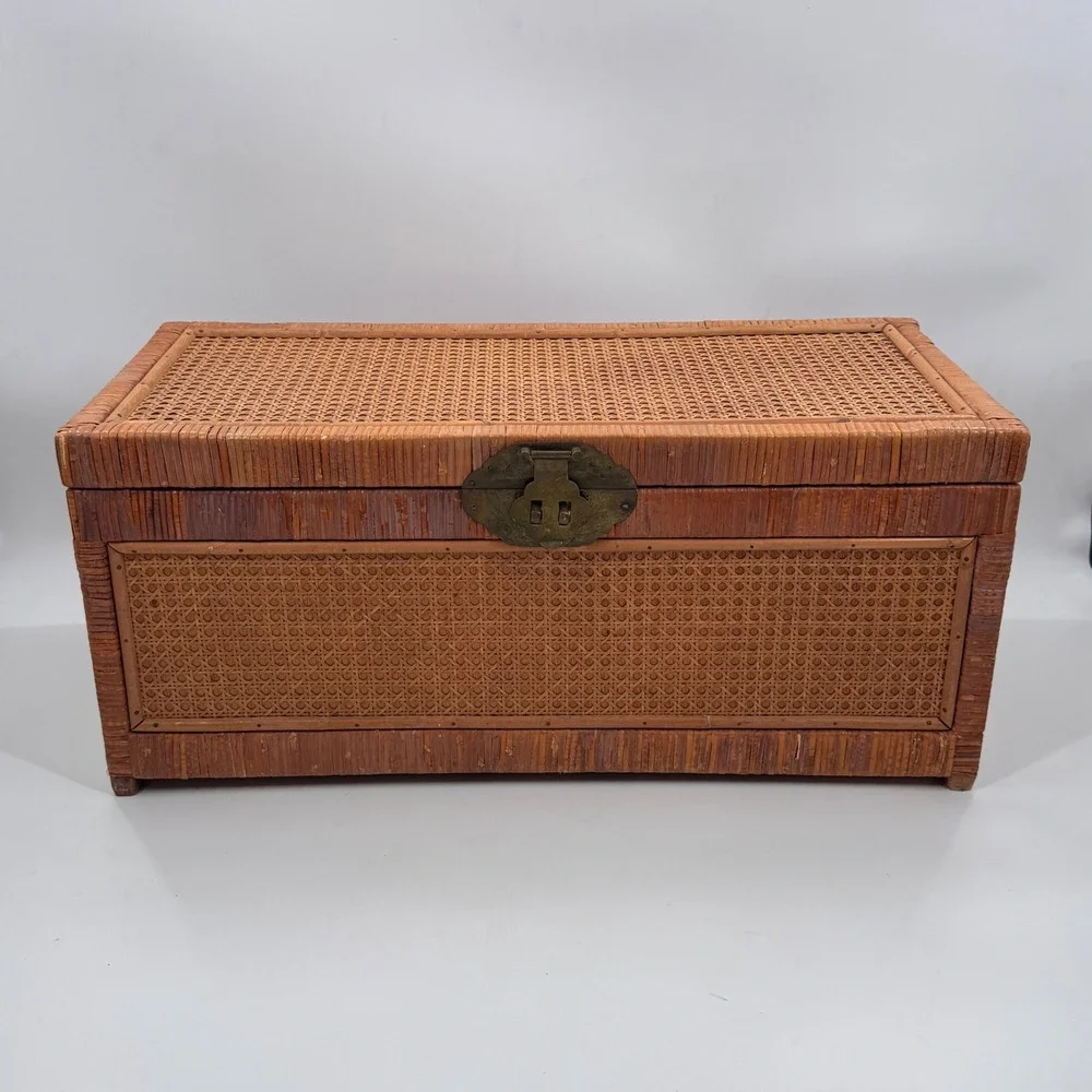 Vintage Chinese Cane & Rattan Storage Trunk Brass Hardware 27